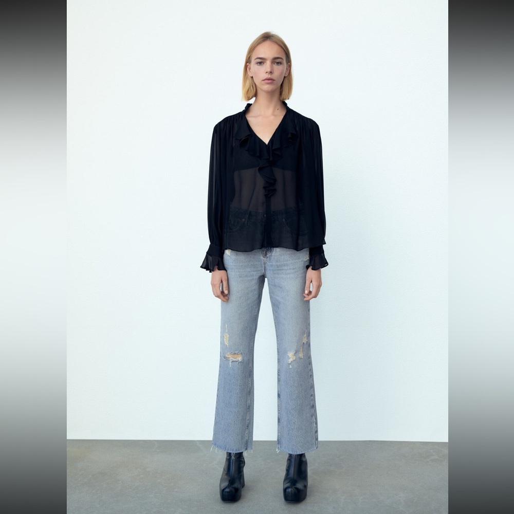 Zara Z1975 HI-RISE STRAIGHT LEG JEANS WITH RIPS Size 28 (US 6) MID BLUE 6164/053